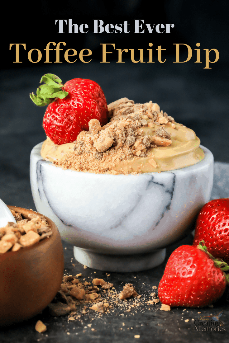 Make your mouth sing with the best Chocolate English Toffee Whipped Cream Cheese Fruit Dip Recipe! Using only 5 easy ingredients including brown sugar and Heath Bar chocolate toffee, it's compatible with a variety of fruits like apples, strawberries and more. It is sure to be the star of any party, Apple dip | Appetizer | Party food | Game night | Dessert bar | cheesecake | Vanilla