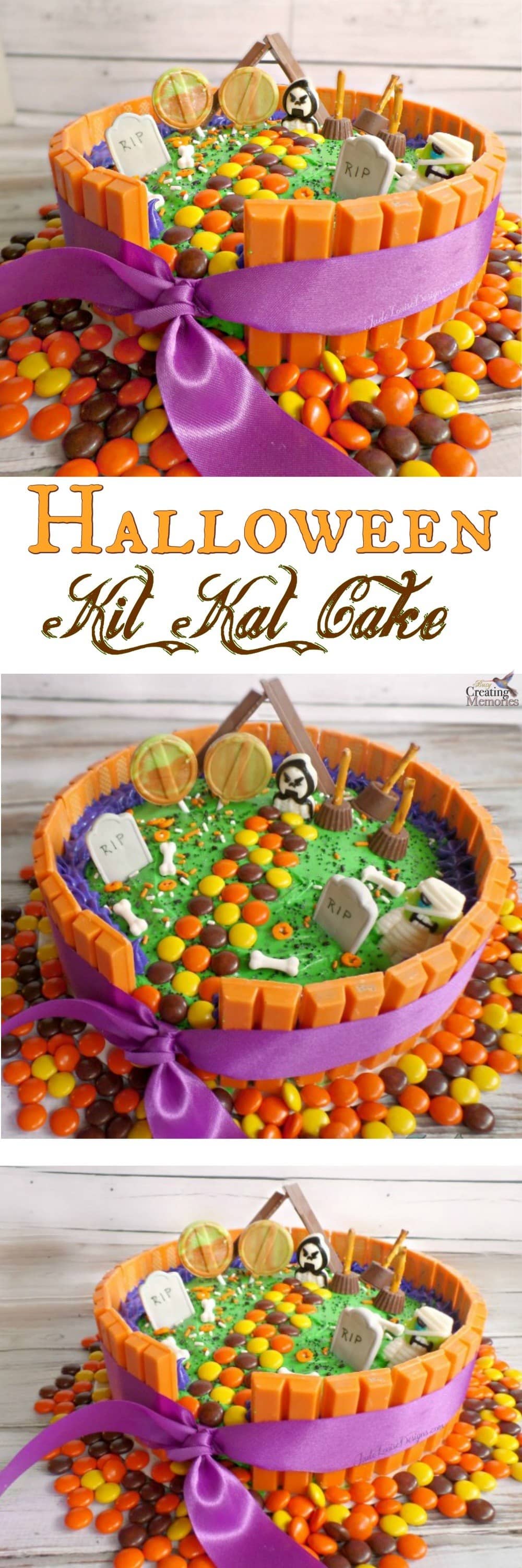 Need something fun for your Halloween Party? Create this fun Halloween Kit Kat Cake! Simple to put together and your little Ghouls and Ghosts will love it! Great way to use up left over Halloween Candy as well!