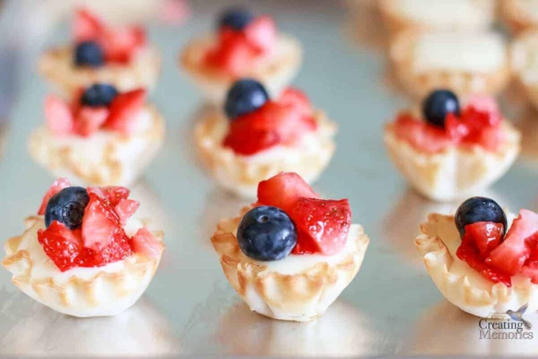 Berry Tartlet Recipe; Red, White and Blue bite-sized pastry sweets.