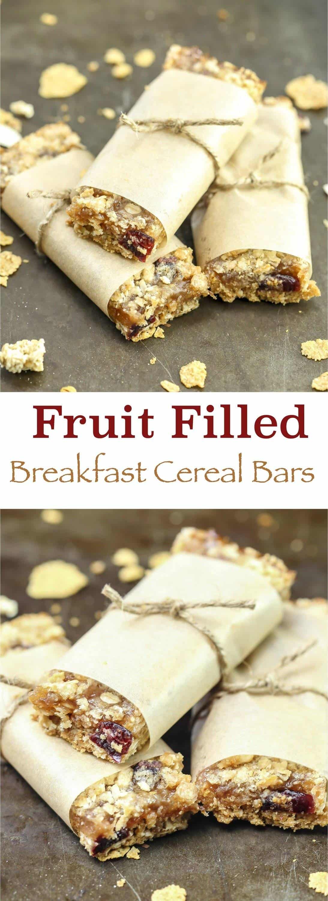 These homemade fruit filled breakfast cereal bars are a great way to start your mornings with a boost. Packed full of fiber, dried fruit, jam, nuts, and flavor to fuel your day on the go! This simple recipe also makes great healthy school snacks for kids!