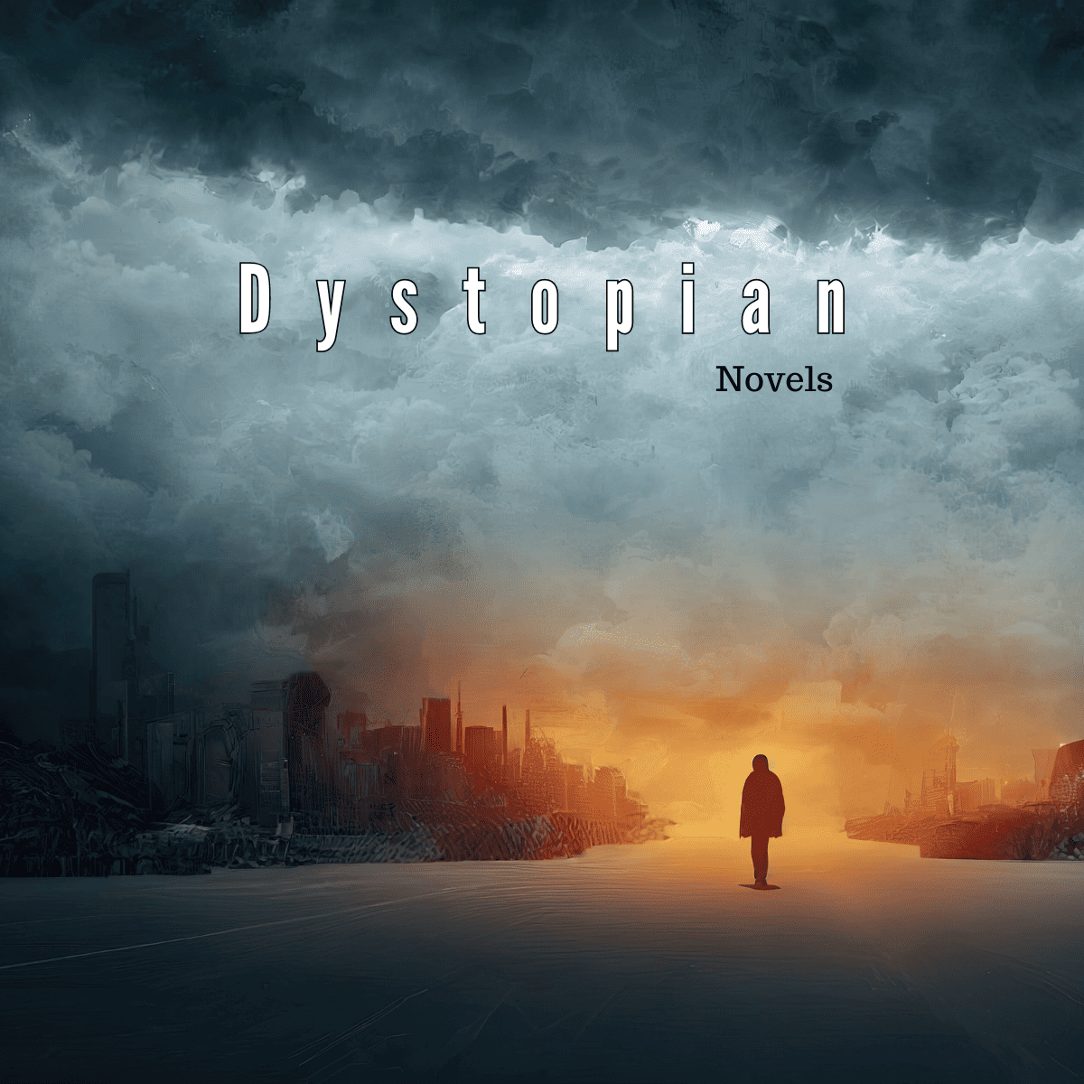 Dark dystopian scene of grey clouds, dark ruins in the background and lone figure walking down the road