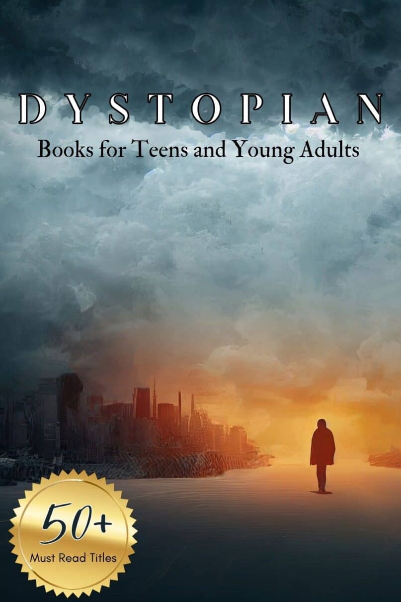 Dark dystopian scene of grey clouds, dark ruins in the background and lone figure walking down the road with text overlay Dystopian Books for teens and young adults