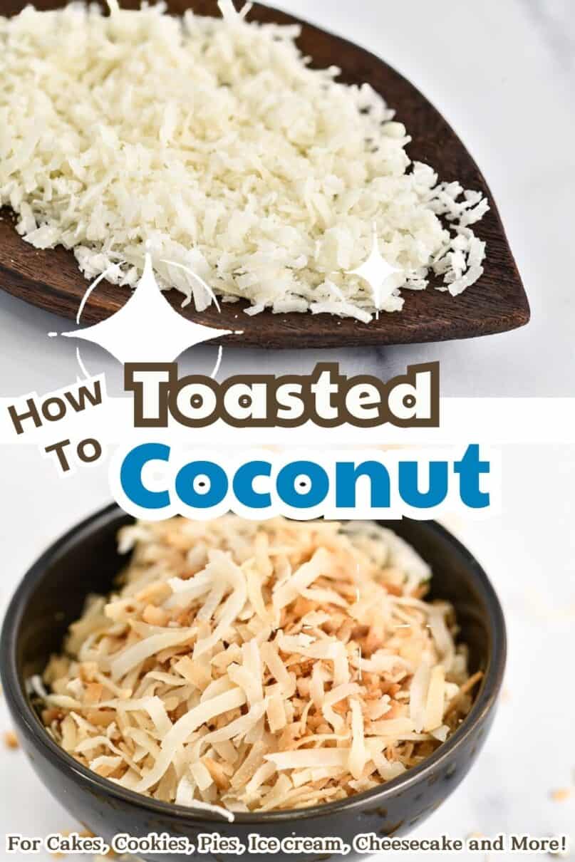Toasted coconut in a small black bowl on a marble counter with toasted coconut scattered across the surface. with text overlay reading how to toast coconut flakes