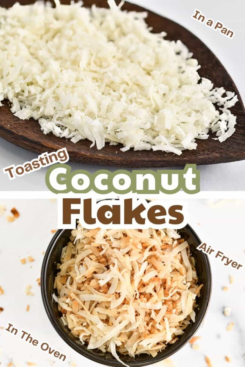 Toasted coconut in a small black bowl on a marble counter with toasted coconut scattered across the surface. with text overlay reading how to toast coconut flakes