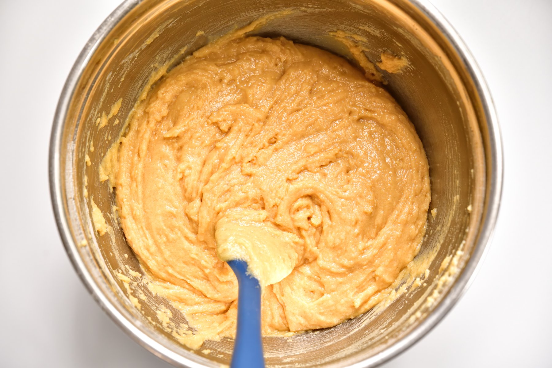 Overhead view of Rhubarb Muffin Batter mixed