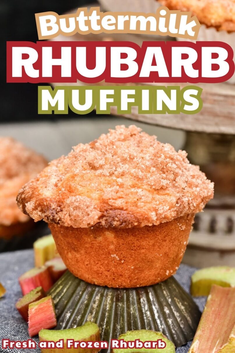 Baked Rhubarb Muffin on an old fashioned tin muffin liner next to chopped rhubarb with text overlay saying buttermilk rhubarb muffins
