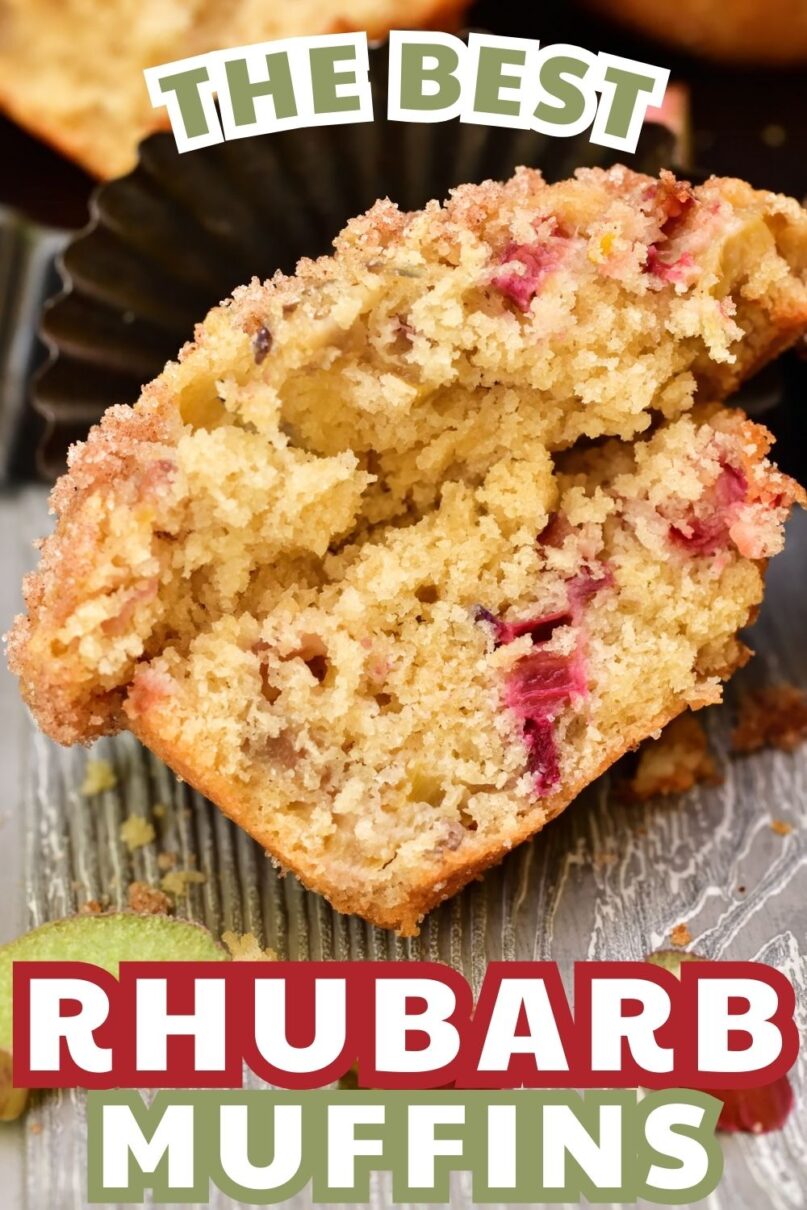 half of arhubarb muffin on a wood surface, cut open displaying the light fluffy interior texture of the muffin and pockets of rhubarb bites with text overlay saying the best rhubarb muffins