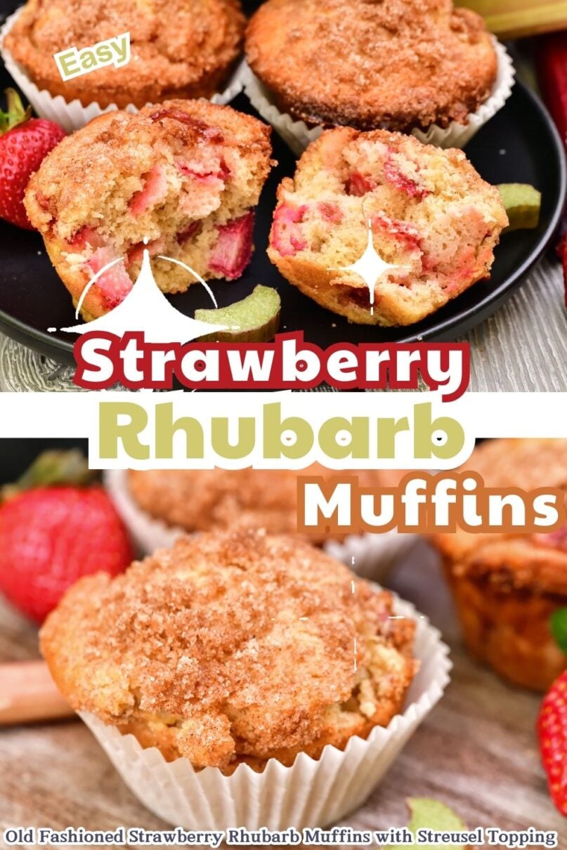 Single muffin on a black plate torn apart displaying chunks of strawberries and rhubarb inside with two more muffins in the background with text overlay saying Strawberry Rhubarb muffins
