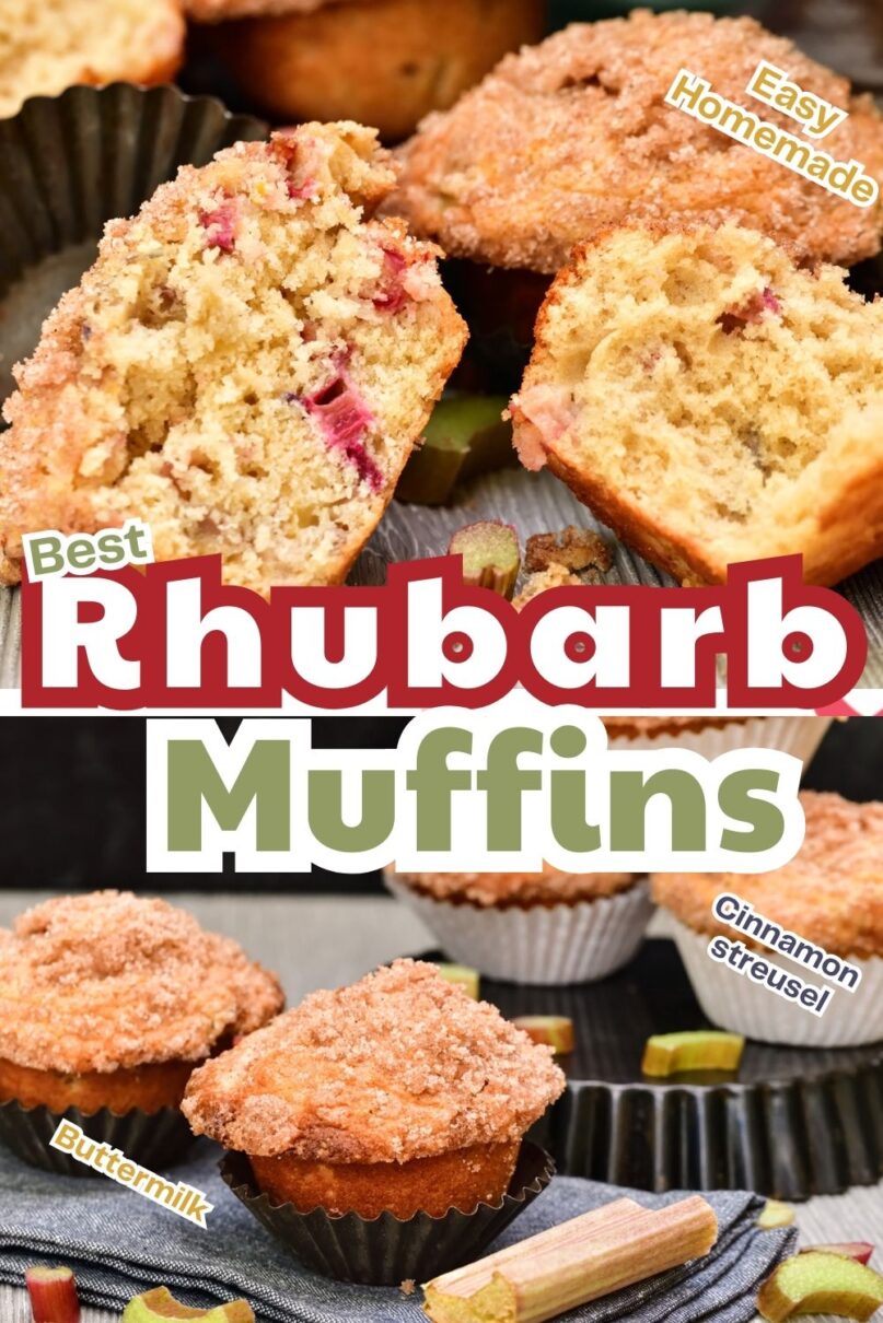 two rhubarb muffins on a wood surface, one muffin is cut open displaying the light fluffy interior texture of the muffin and pockets of rhubarb bites with text overlay saying Rhubarb Muffins