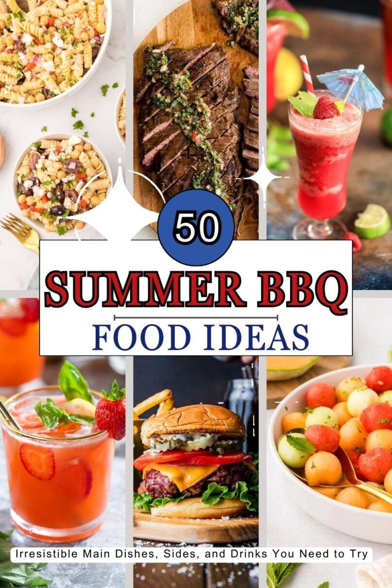 A collage of various 4th of july food ideas with text overlay for pinterest reading 50 summer bbq food ideas
